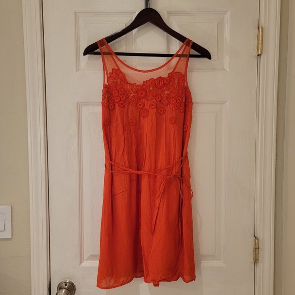 Anthropologie Dress Size 0 Orange Embroidered Flowers Boho Meadow Rue Sangeet - Picture 1 of 11